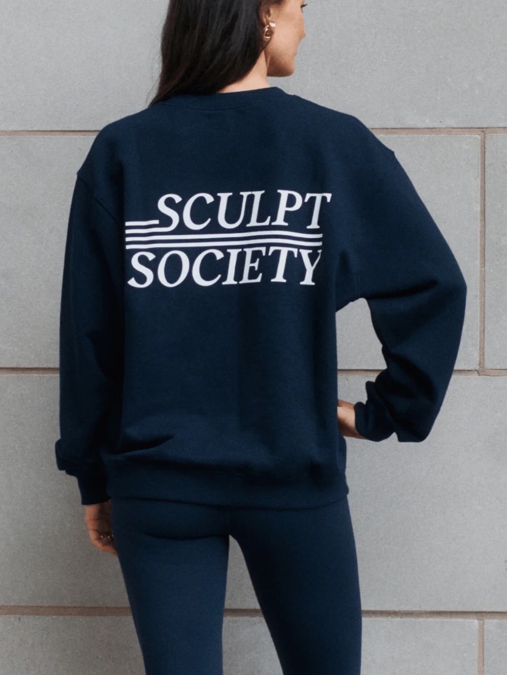 Sculpt Society Navy Blue White Crew Neck Graphic Sweatshirt